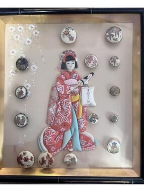 Vintage Japanese Satsuma Ceramic/Porcelain Hand-Painted Buttons In Custom Shadow